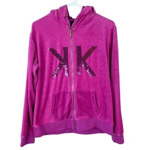 Kardashian Kollection Velour Hoodie Womens Size M Pink KK‎ Sequined Zip Y2K 00s